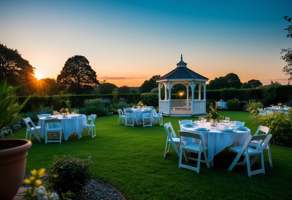 A serene garden at dusk, with a gazebo and tables set for a dinner. The setting sun casts a warm glow over the scene