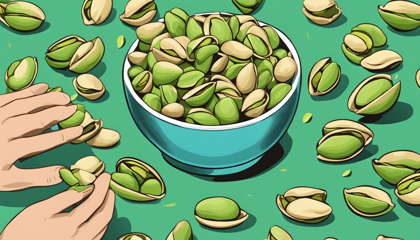 A pile of pistachio shells scattered around a bowl of shelled pistachios, with a person's hand reaching for one