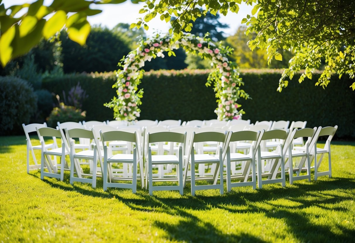 A sunny garden with white chairs arranged in rows, a floral arch at the front, and a gentle breeze rustling the leaves