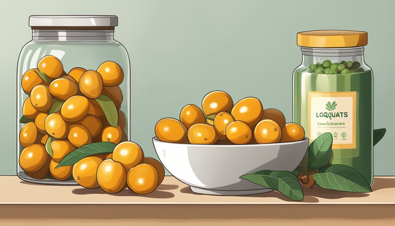 A bowl of unripe loquats next to a jar of preserved loquats on a kitchen counter