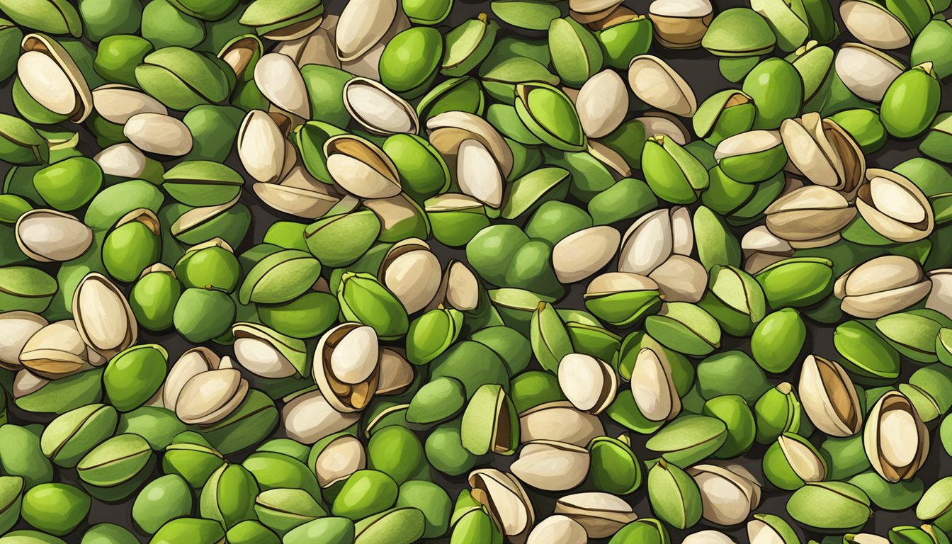 A pile of pistachio shells with a warning sign and a crossed-out fork, indicating that they are not safe for consumption