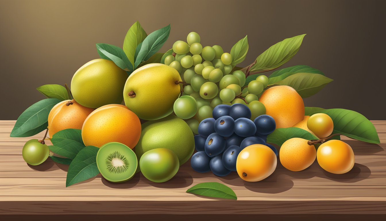 A pile of various fruits, including ripe and unripe loquats, arranged on a wooden table for comparison