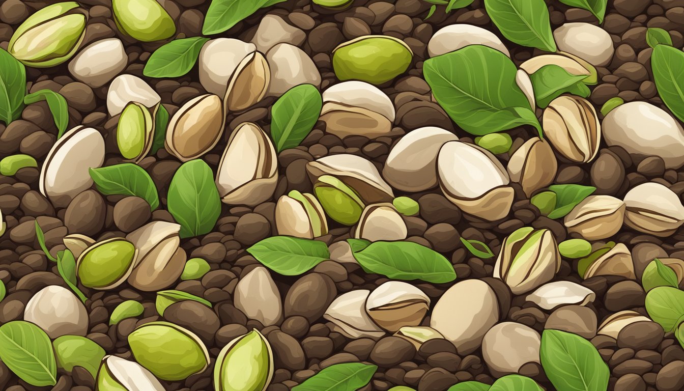 A pile of discarded pistachio shells mixed with soil in a garden bed, with small shoots of green plants emerging from the earth