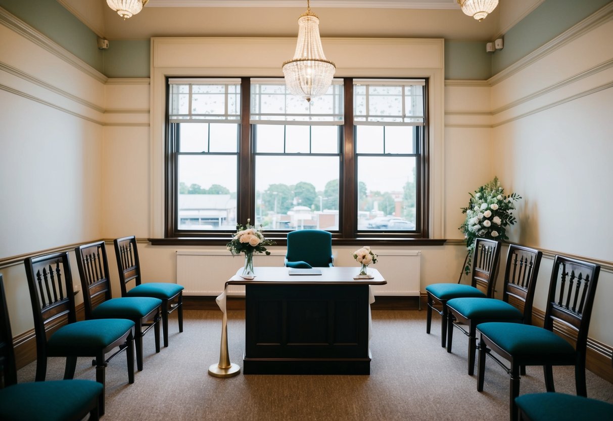 A simple registry office interior with a desk, chairs, and a small wedding ceremony set up