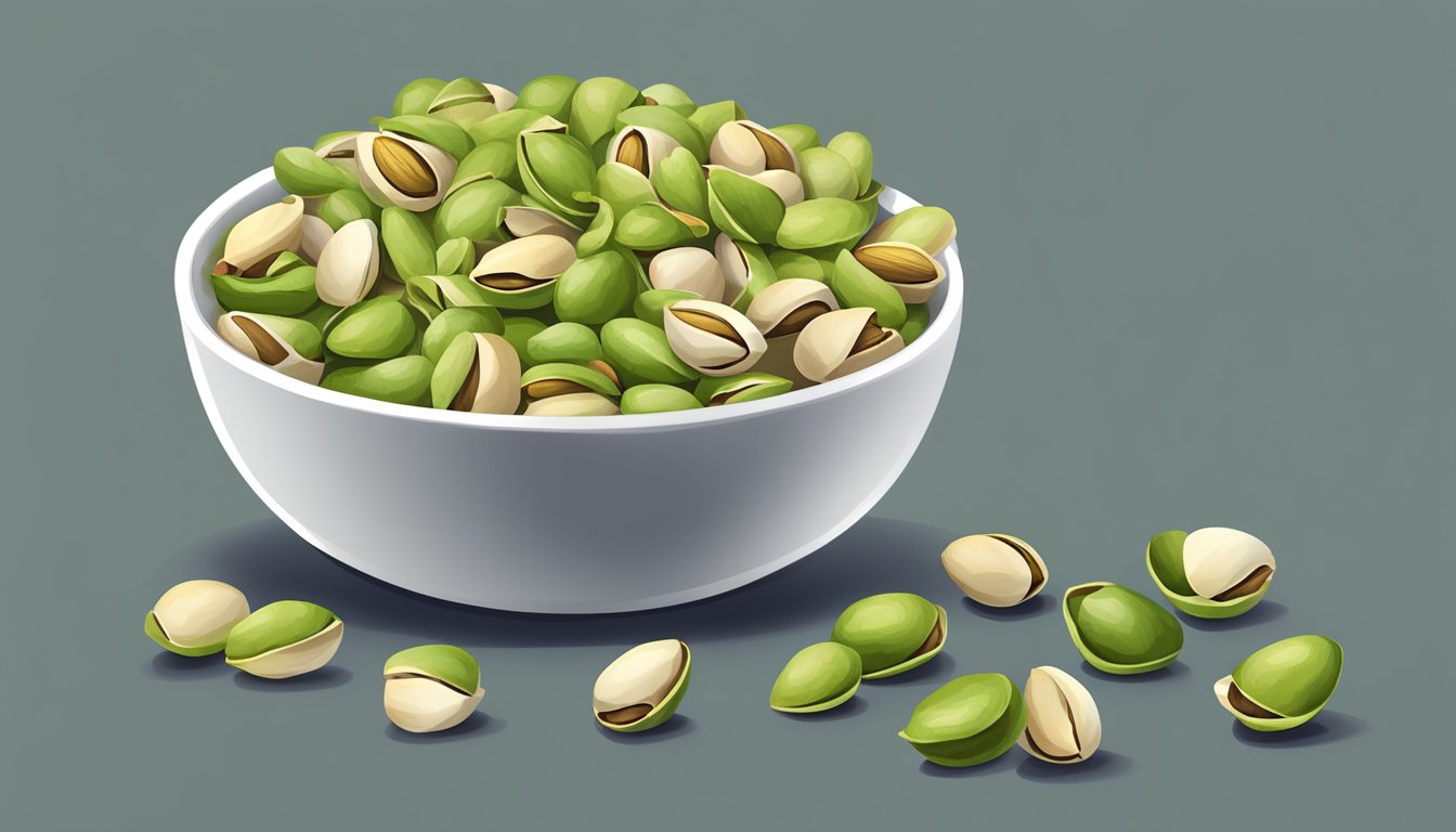 A pile of cracked pistachio shells next to a bowl of shelled pistachios, with a question mark above the shells