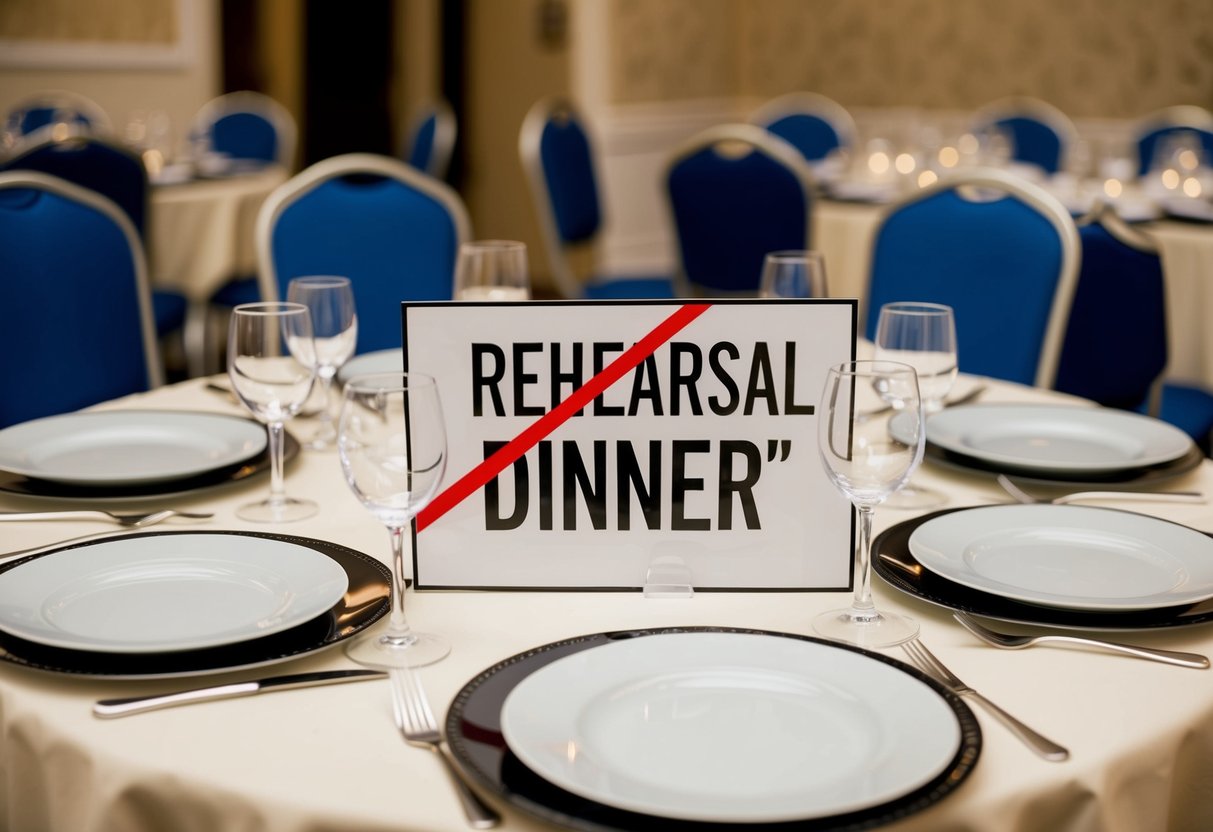 A table set with empty plates and glasses, surrounded by chairs, with a sign reading "Rehearsal Dinner" crossed out