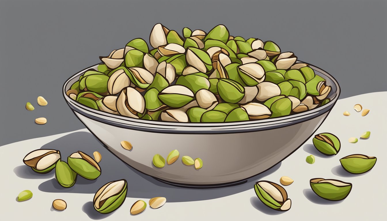 A pile of cracked pistachio shells next to a bowl of whole nuts