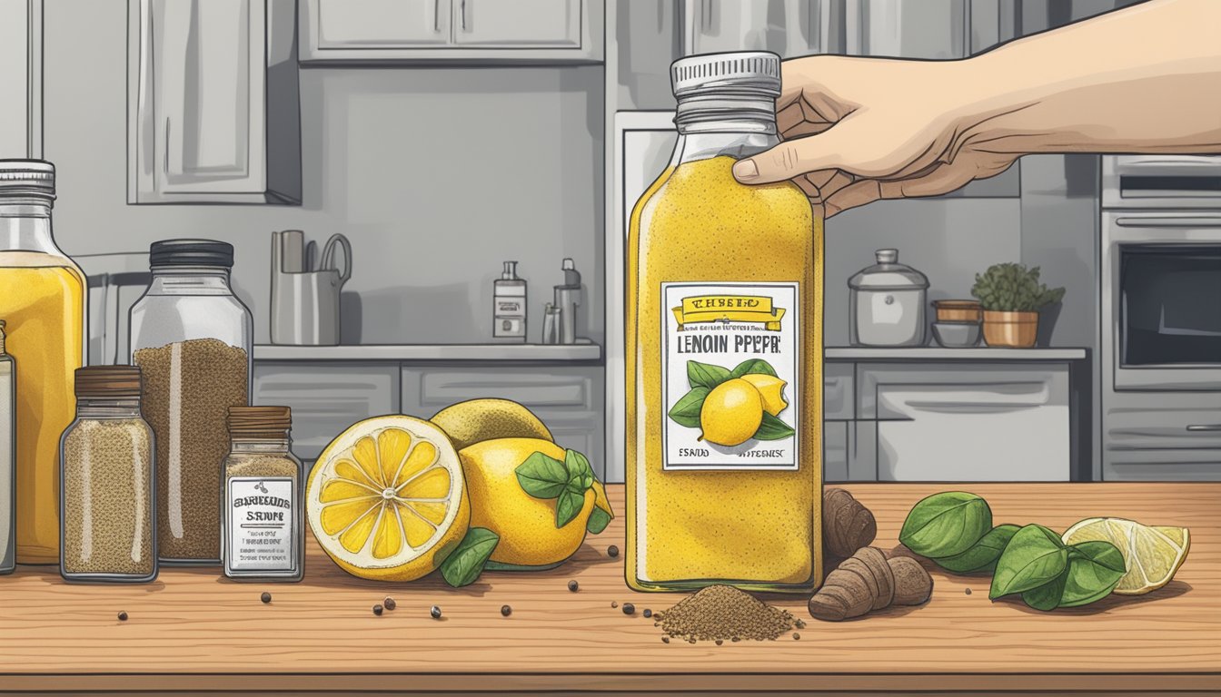 A hand reaching for a bottle of expired lemon pepper with a faded expiration date, surrounded by other spices on a kitchen counter