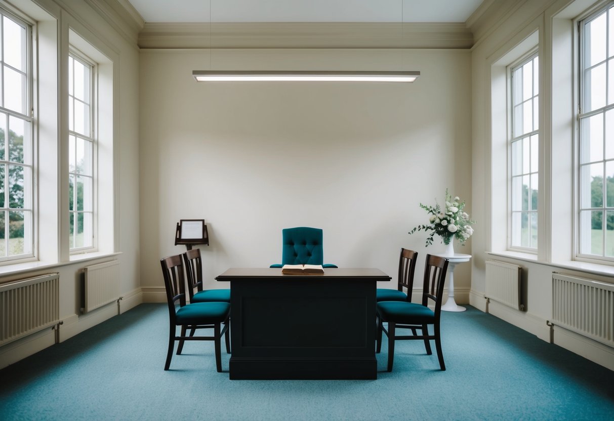 A simple and elegant registry office with a desk, chairs, and a small ceremony area set against a backdrop of large windows and natural light