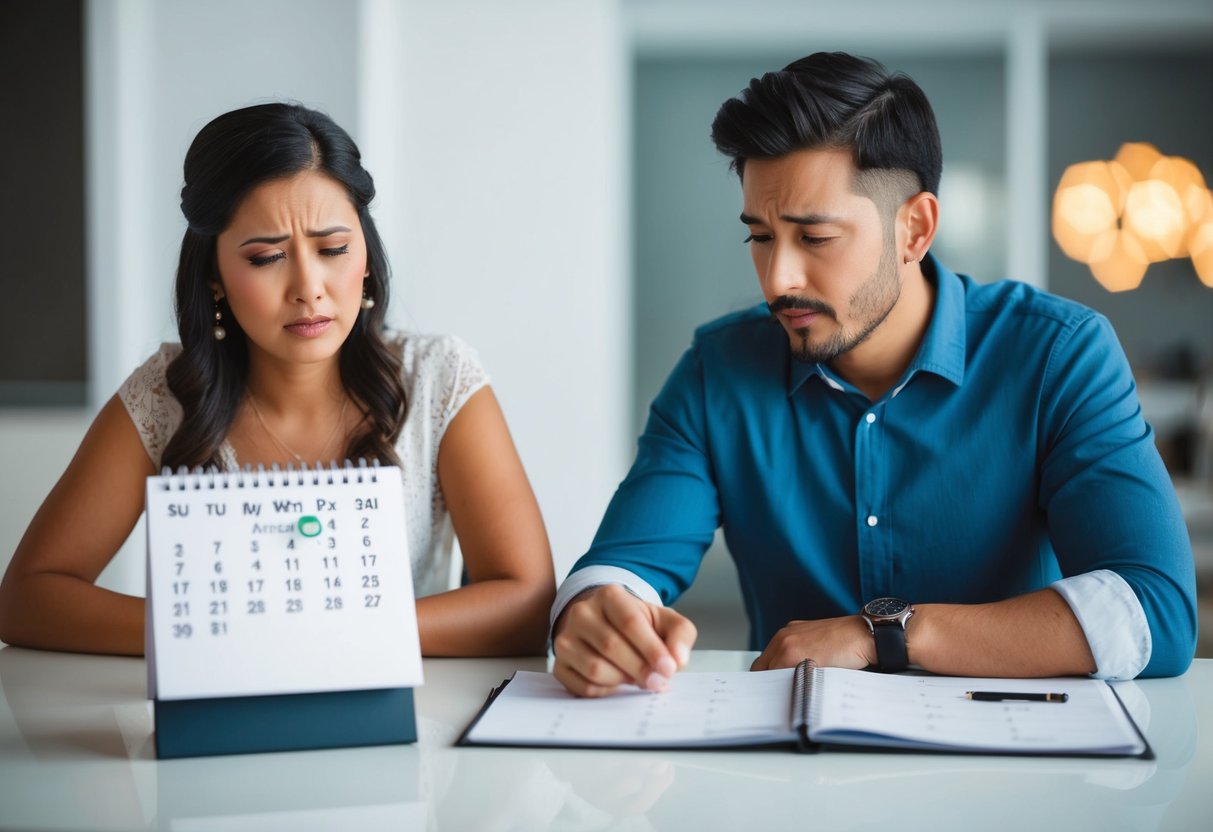 A couple sitting at a table, looking at a calendar with the date of their wedding circled. The woman appears stressed while the man looks thoughtful