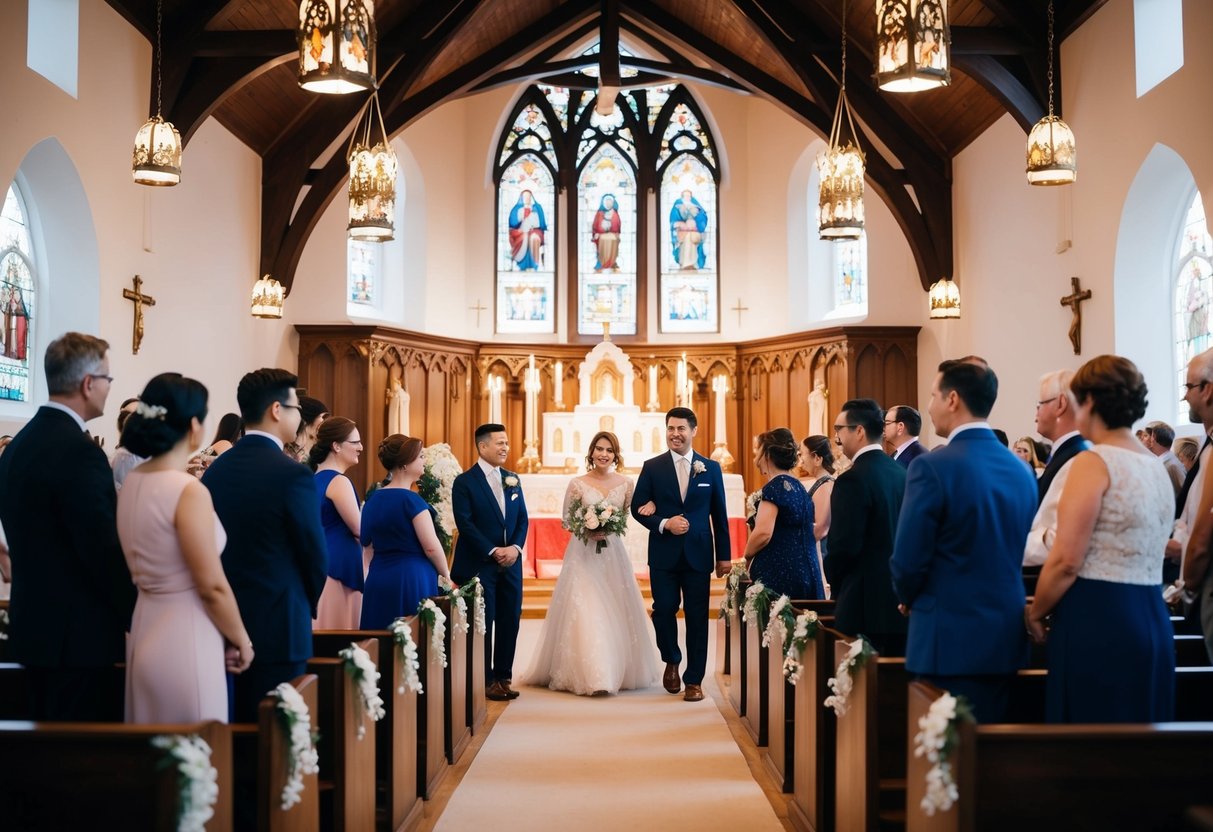 A group of people gather in a decorated church, practicing walking down the aisle and standing at the altar