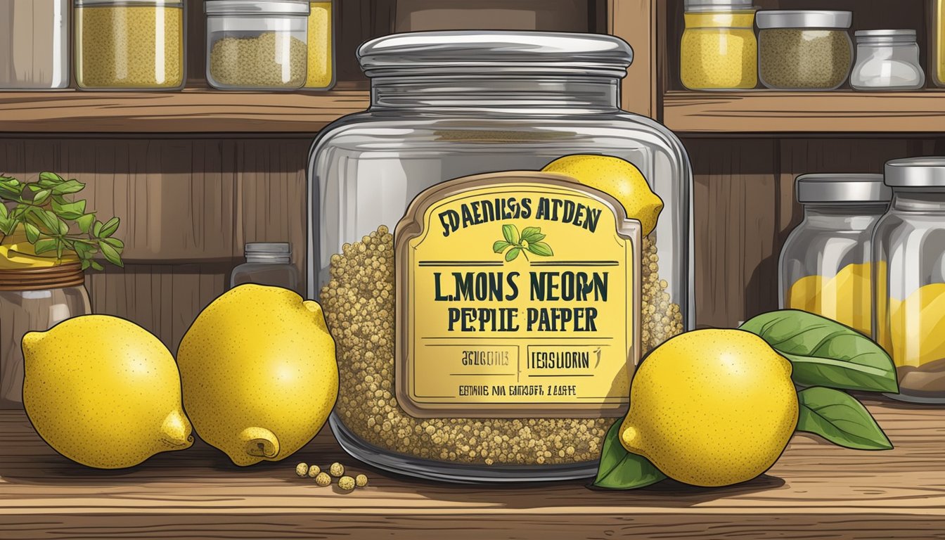 A jar of lemon pepper stored in a cool, dry pantry. An expiration date is visible on the label