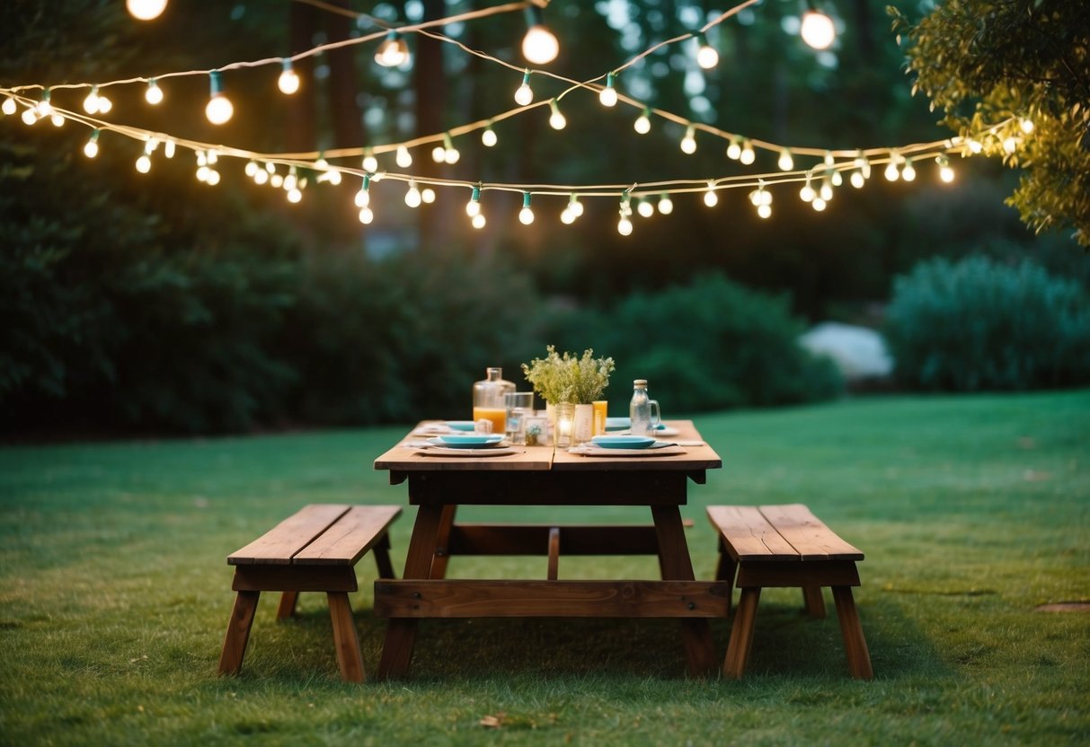 A cozy backyard picnic with string lights, a rustic wooden table, and simple, homemade decorations