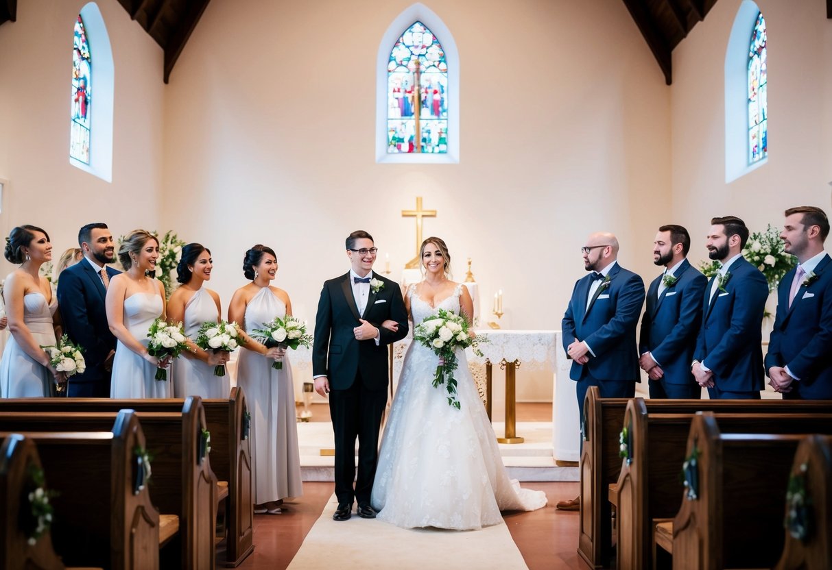 A bride and groom stand at the front of a church, surrounded by their wedding party. The officiant leads them through a rehearsal of the ceremony