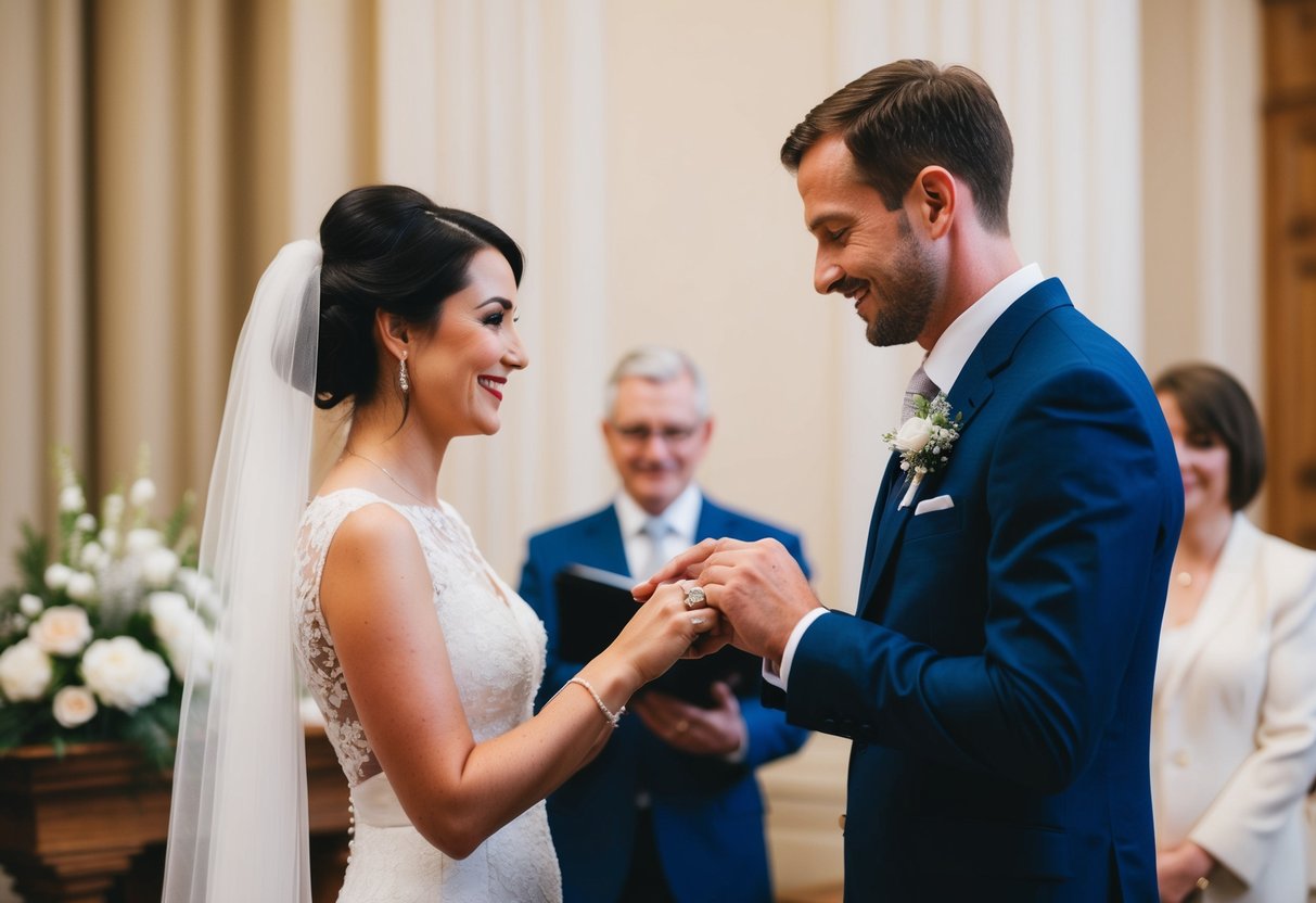 A couple exchanging rings in a simple, elegant registry office ceremony