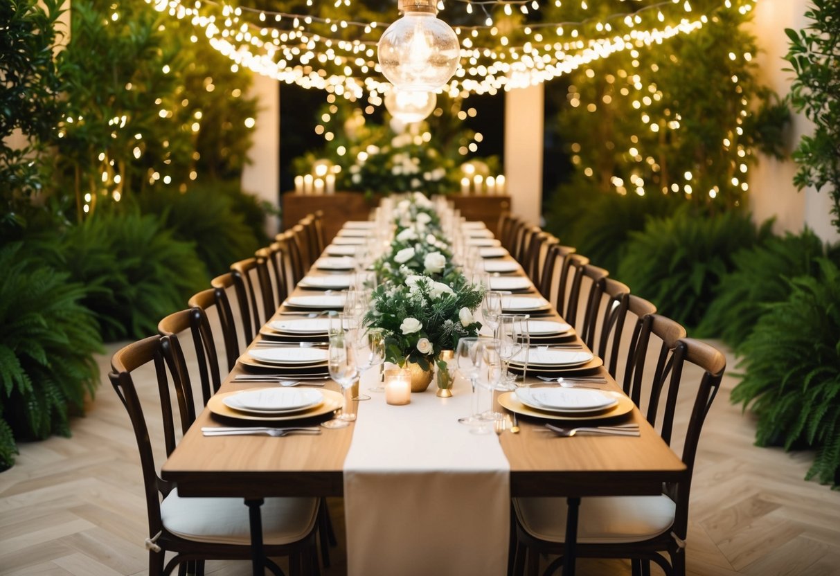 A beautifully set dining table with elegant place settings, surrounded by twinkling lights and lush greenery, creating a warm and inviting atmosphere