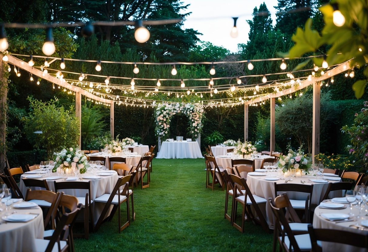 A garden adorned with fairy lights and flowers, set up for a pre-wedding rehearsal dinner