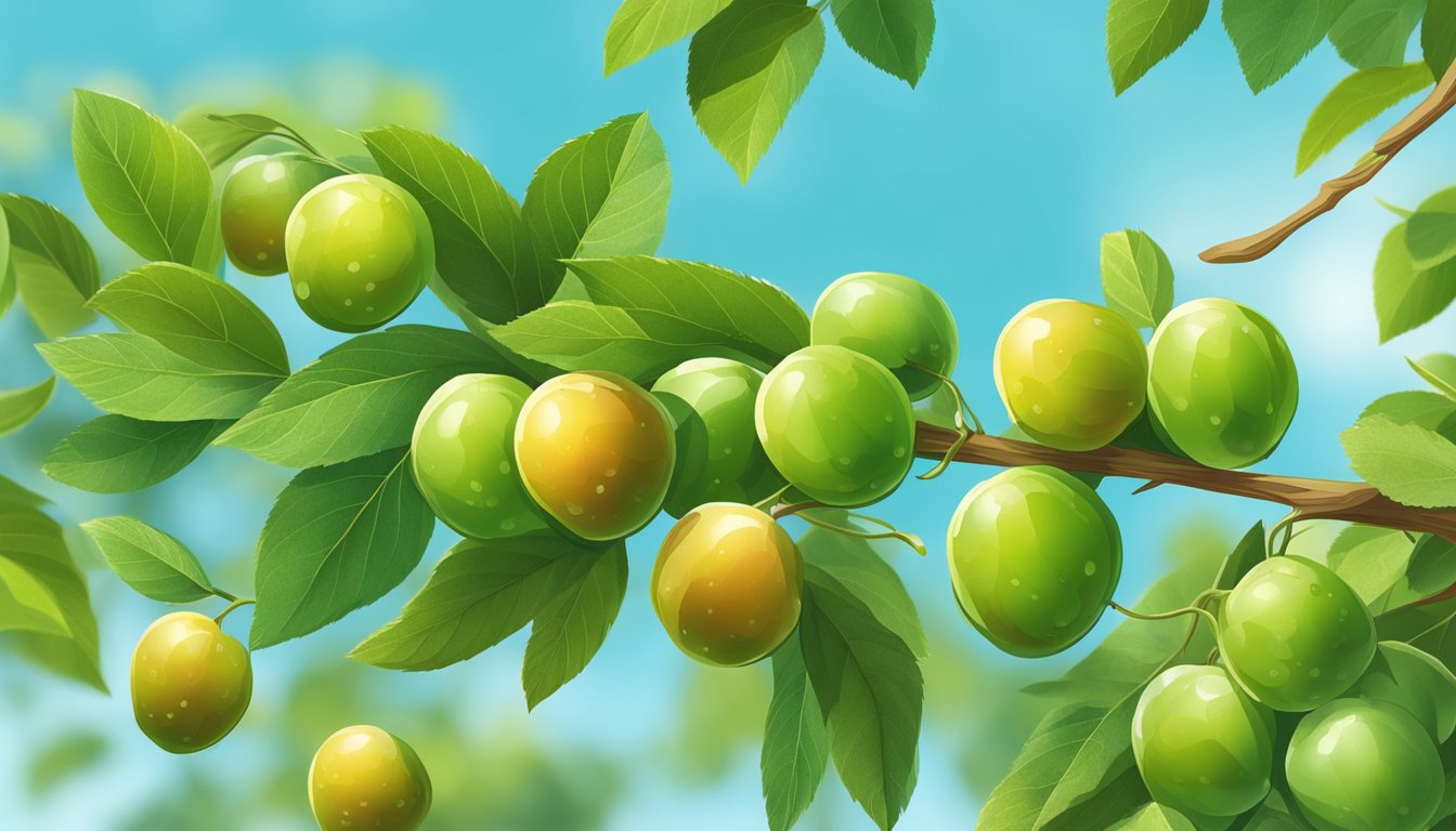 A cluster of unripe jujubes hanging from a tree branch, surrounded by green leaves and a clear blue sky in the background