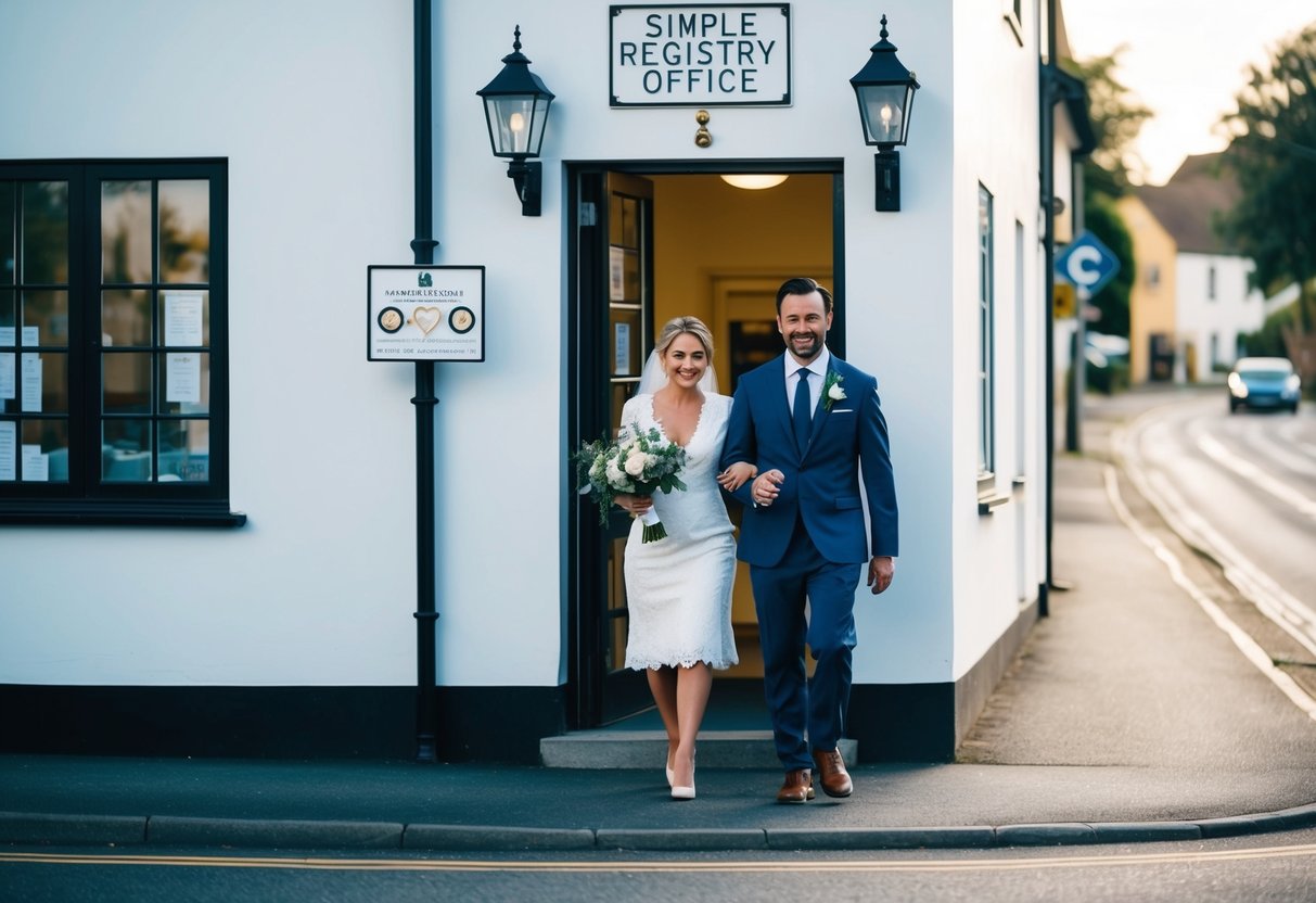 A couple exiting a simple registry office with a sign displaying marriage-related symbols. An empty street with a quaint, small-town vibe