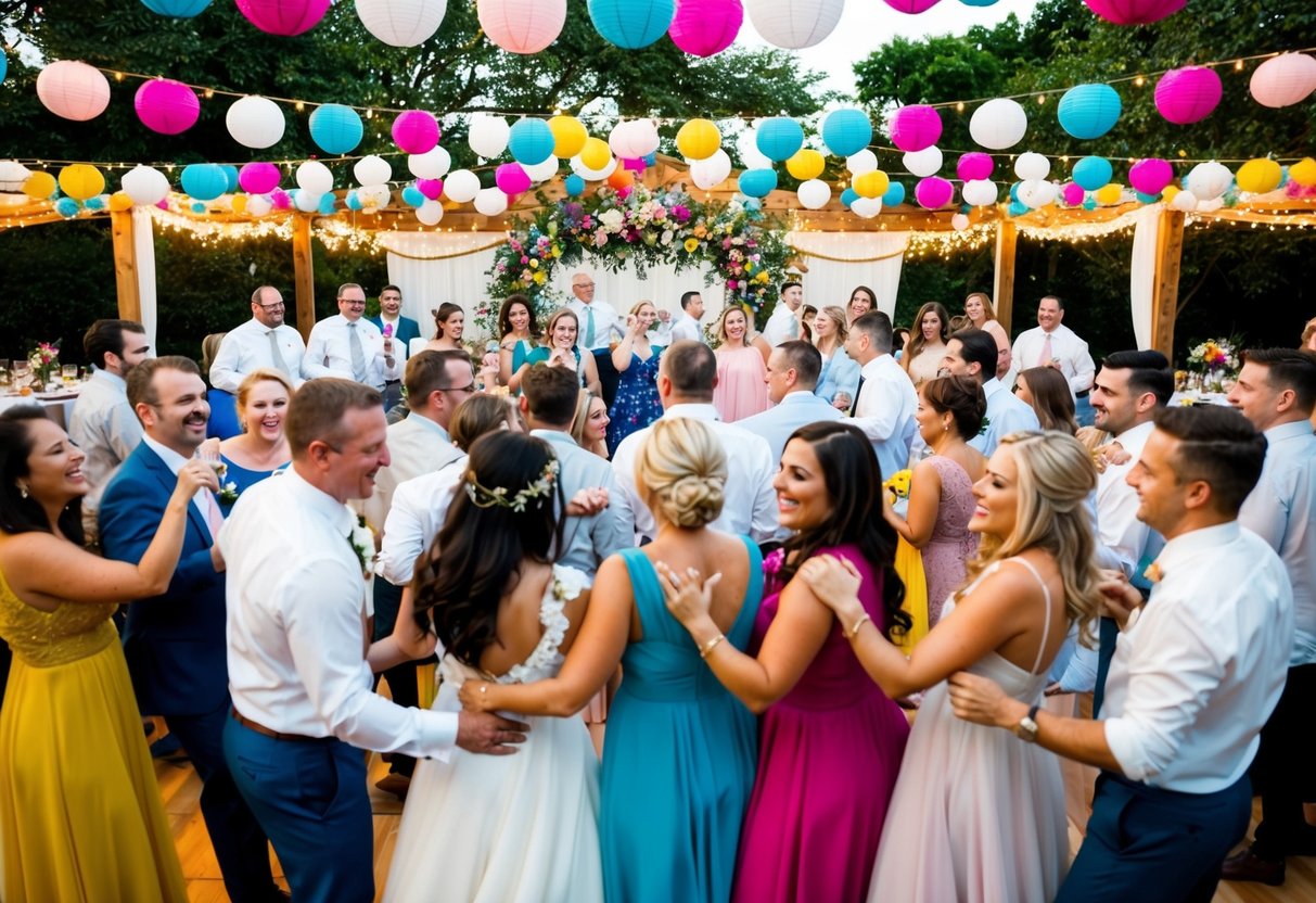 A festive outdoor wedding reception with colorful decorations, flowers, and a dance floor filled with happy guests