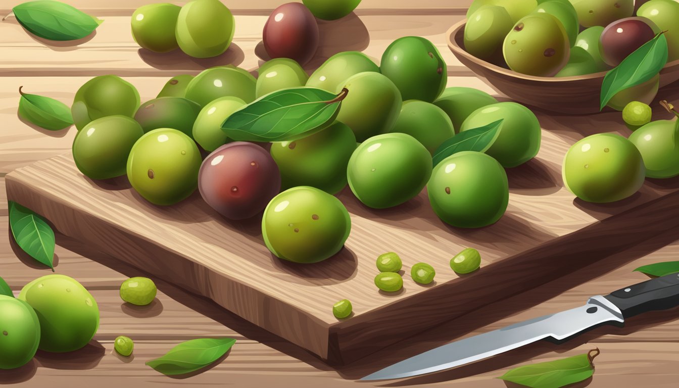 A pile of unripe jujubes scattered on a wooden cutting board, with a knife and a few jujube leaves nearby