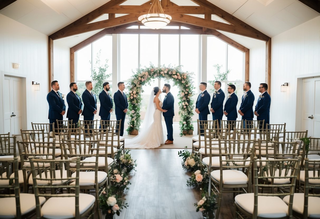 A wedding venue with chairs arranged in rows, a floral arch at the front, and a couple standing at the altar