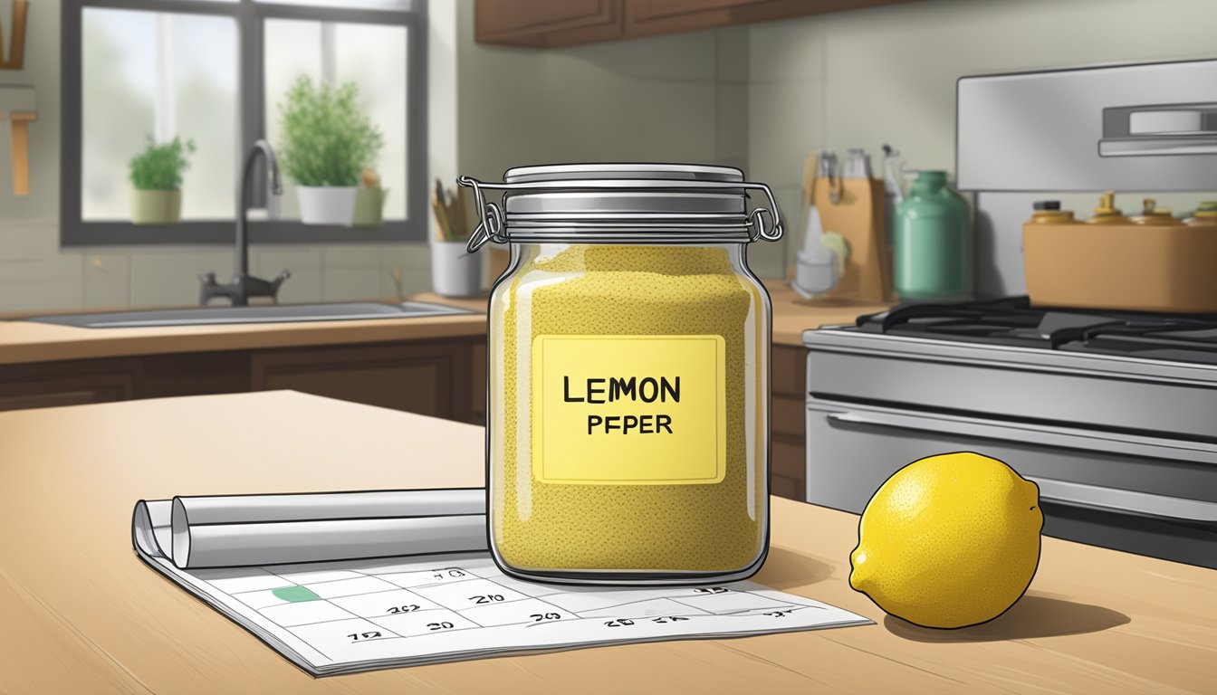 A jar of lemon pepper sits on a kitchen counter, next to a calendar showing the current date and a faded expiration date