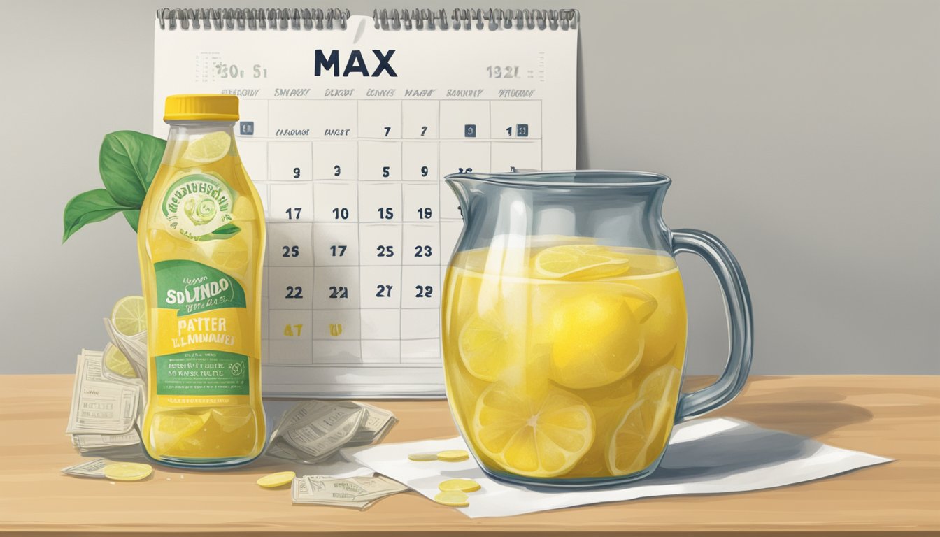 A pitcher of expired lemonade mix sits next to a calendar showing the past date. The mix is clumped and discolored, with a layer of dust on top