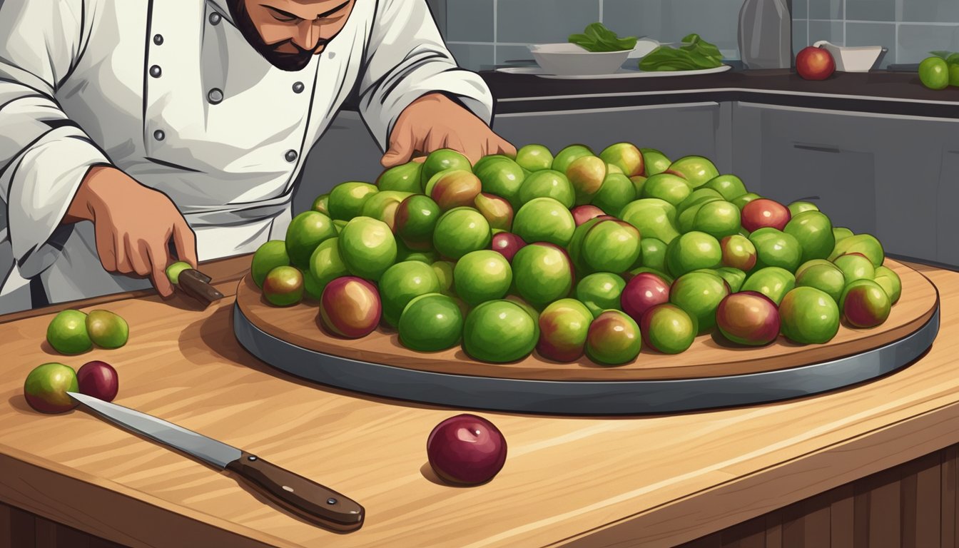 A pile of unripe jujubes on a cutting board, with a knife and a concerned expression on a chef's face