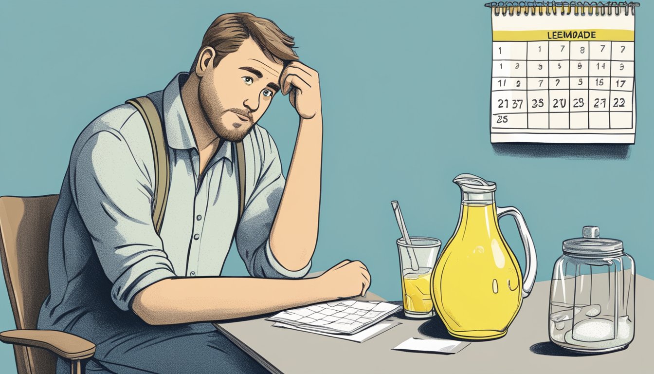 A pitcher of lemonade mix sits next to a calendar showing an expired date. A worried expression on a person's face suggests uncertainty