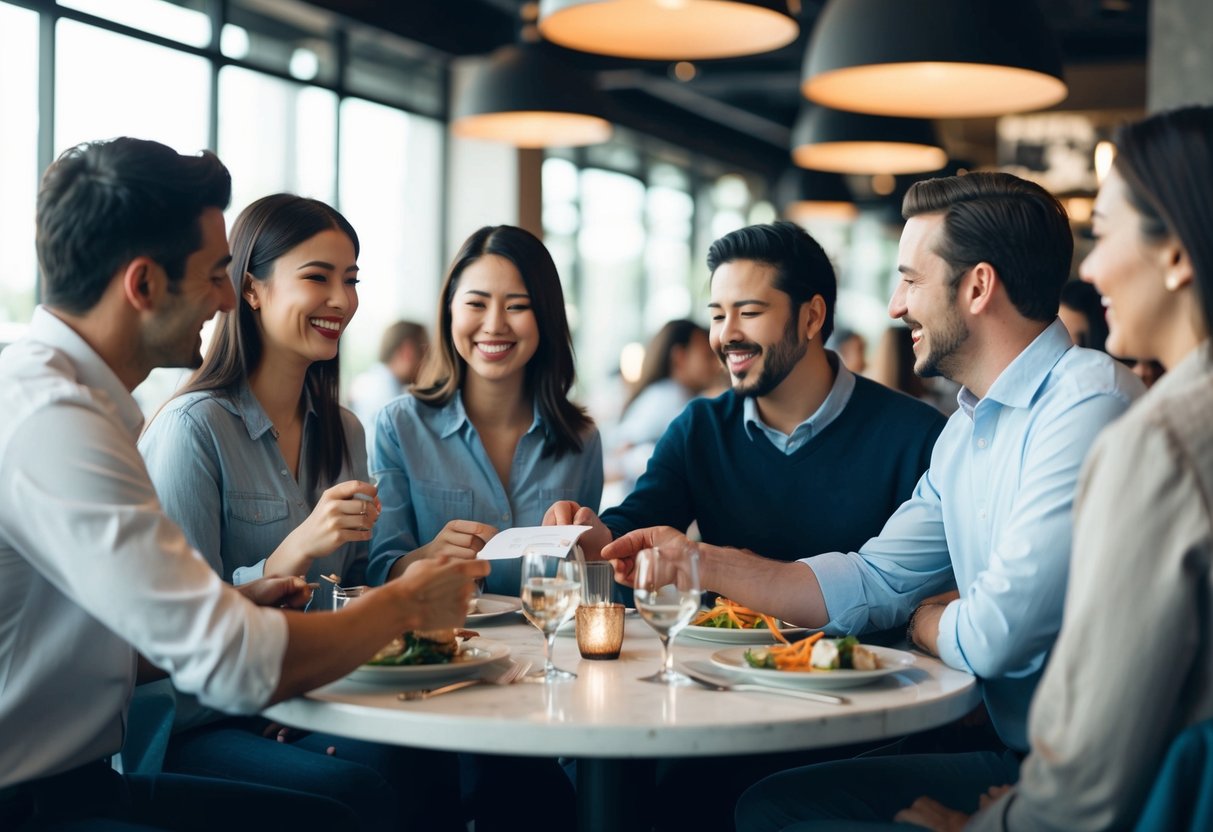 A group of people sitting around a table in a restaurant, with one person reaching for the bill while others chat and laugh