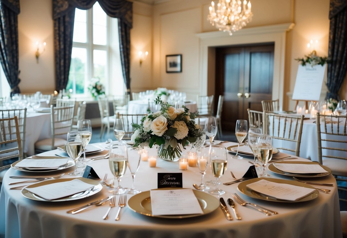 A traditional British wedding venue with a table set for a rehearsal dinner, including place settings, elegant decor, and possibly a menu display