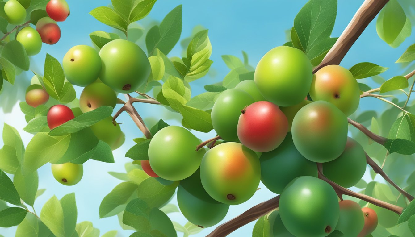 A pile of unripe jujubes on a tree branch, with a mix of green and red fruits, surrounded by leaves and a clear blue sky in the background