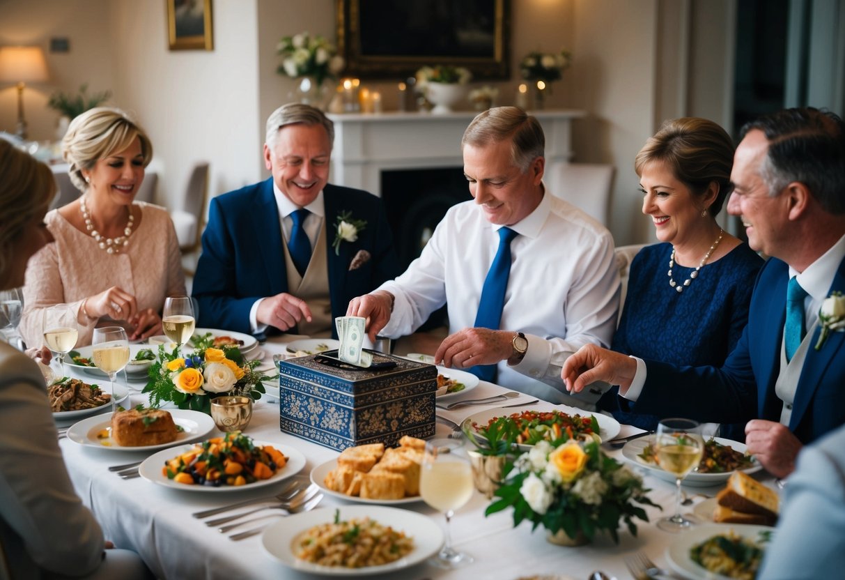 A family gathering around a table with a spread of food, indicating a traditional UK rehearsal dinner. A figure is seen placing money in a decorative box