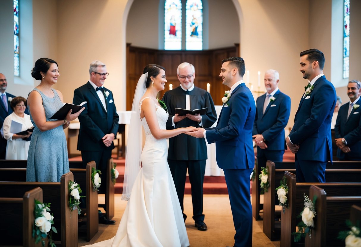 A bride and groom stand at the altar, practicing their vows with the officiant. Family and friends watch from the pews, taking notes and coordinating their roles