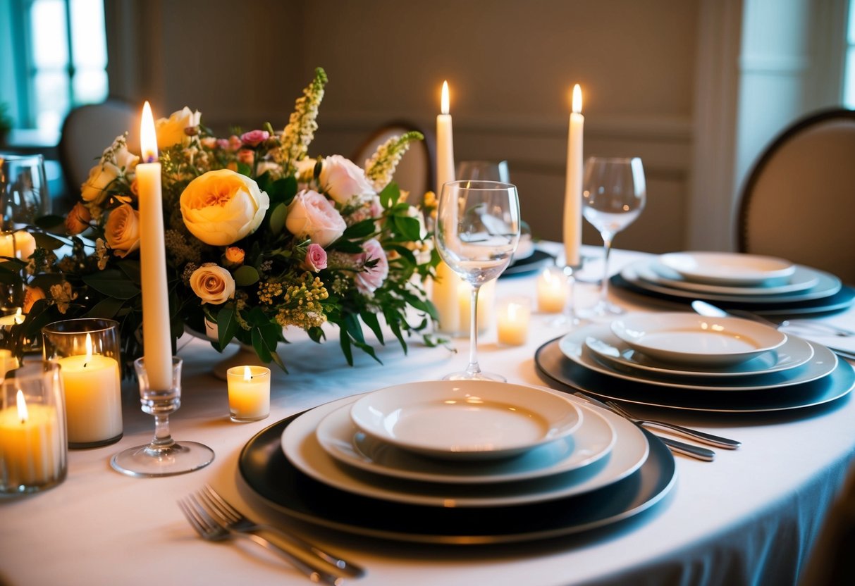 A table set with elegant dinnerware and a floral centerpiece. Candles flicker in soft light, casting a warm glow over the room