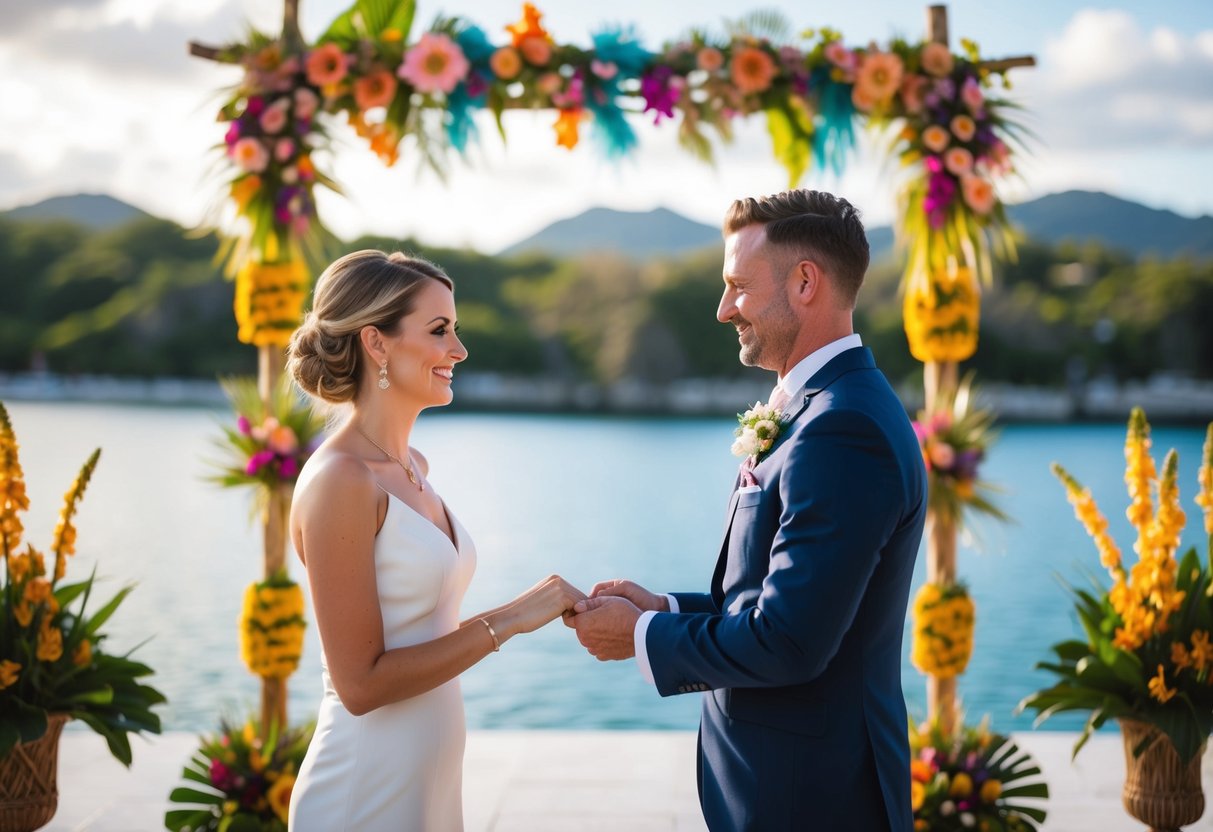 A couple exchanging vows in a picturesque foreign location, with colorful decorations and exotic flora in the background