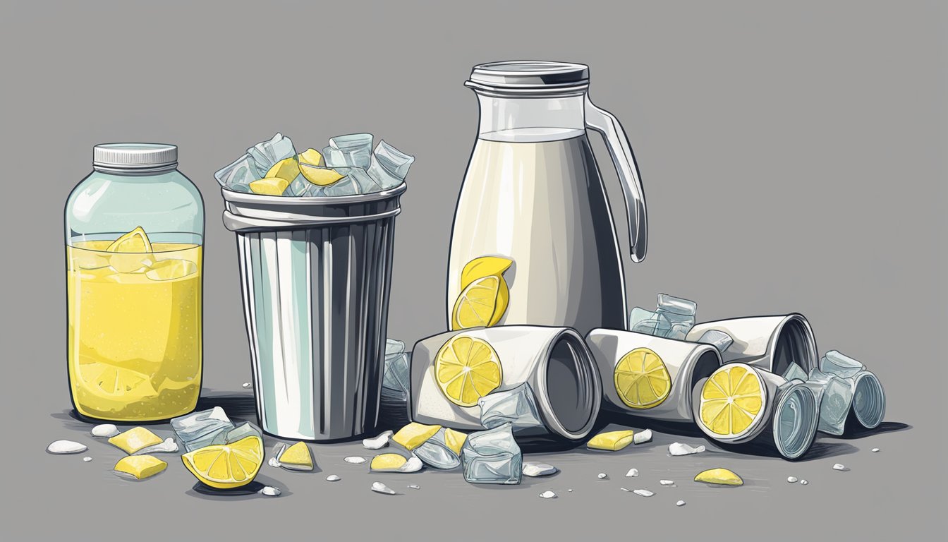 A glass pitcher of expired lemonade mix sits next to a pile of empty cups and a trash bin. The label on the packaging shows an expiration date that has passed