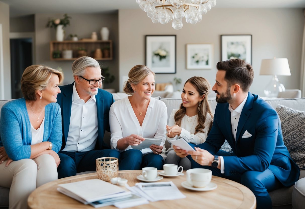 A couple and their families discussing wedding expenses and the rehearsal dinner payment in a cozy living room setting