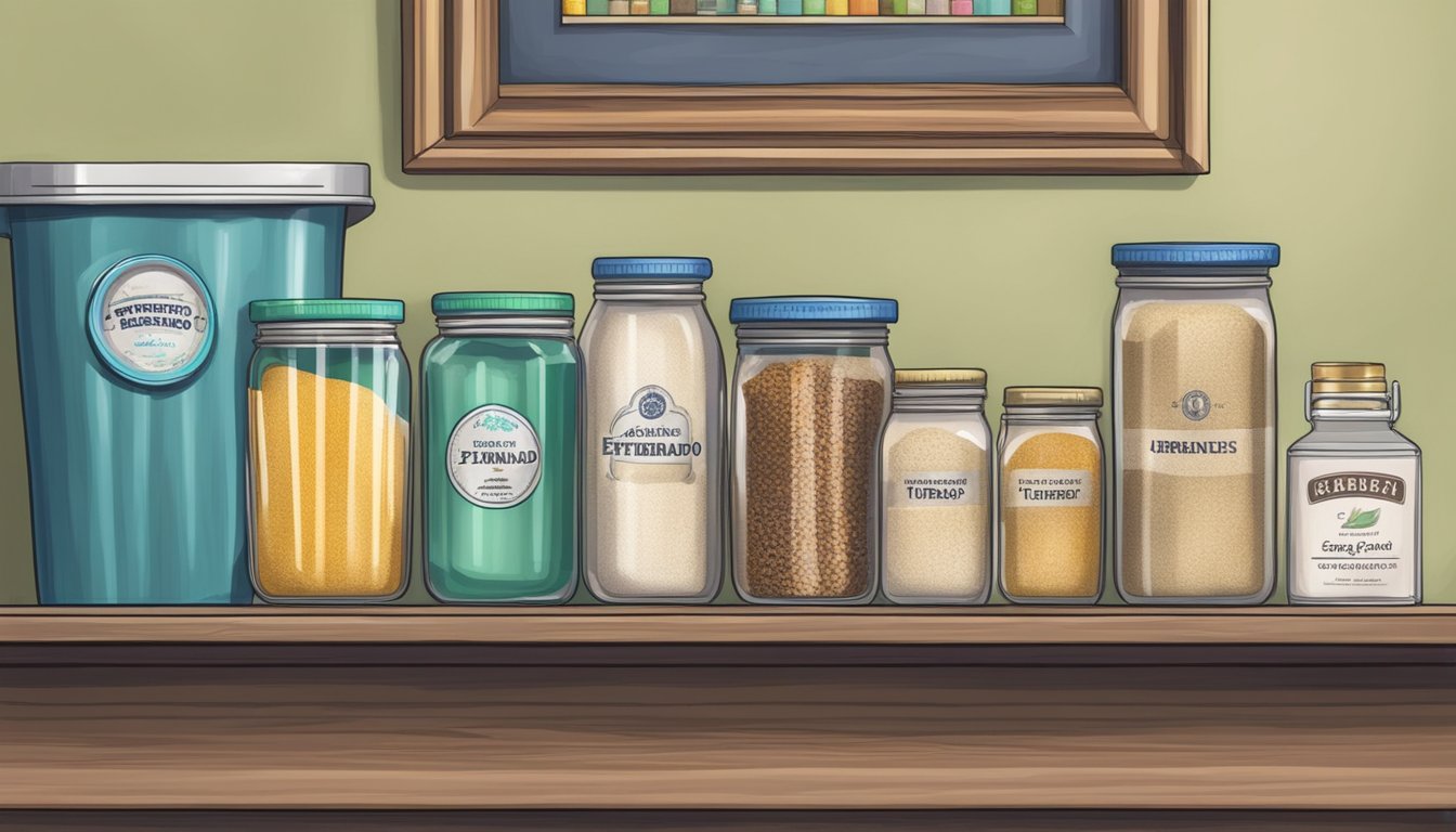 A pantry shelf with jars of sugar, one labeled "expired turbinado," next to a garbage can