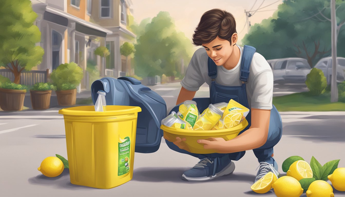 A person discarding an expired lemonade mix container into a trash can