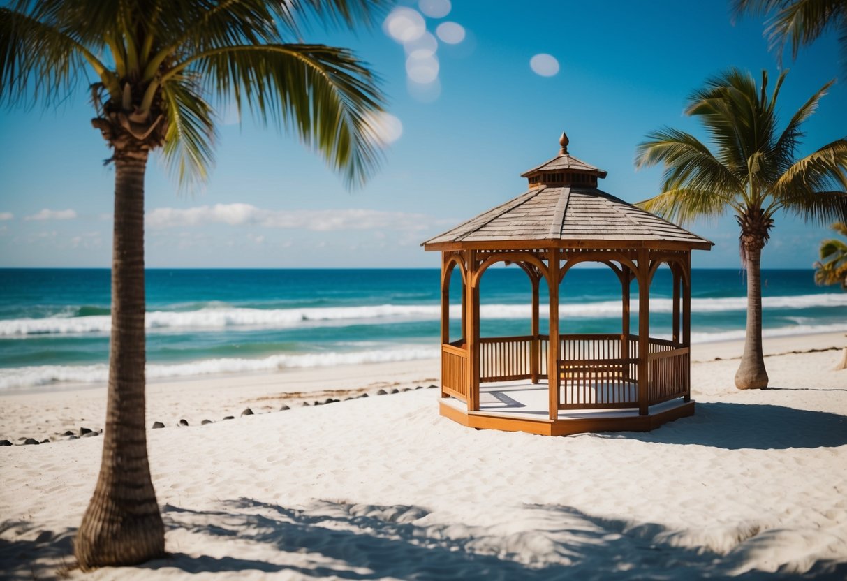 A sunny beach wedding with a gazebo, palm trees, and ocean backdrop