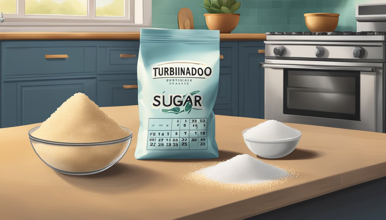 A bag of turbinado sugar sits on a kitchen counter, its granules clumped together and discolored. Nearby, a calendar shows an expired date