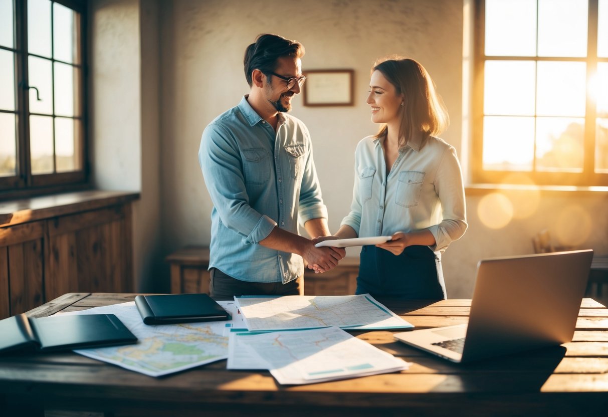 A couple stands at a rustic wooden table, surrounded by maps, paperwork, and a laptop. The sun shines through a window, casting a warm glow on the scene