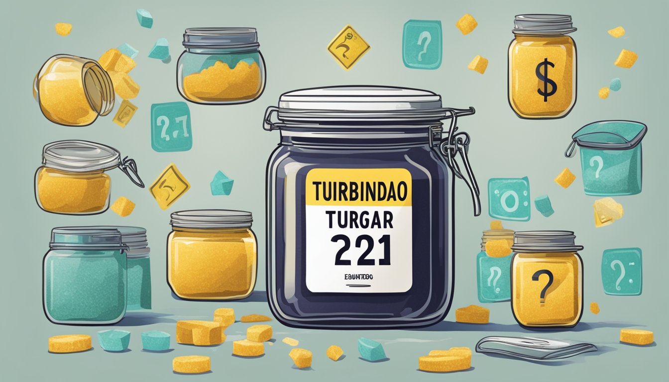 A jar of turbinado sugar with an expired date label, surrounded by question marks and caution signs