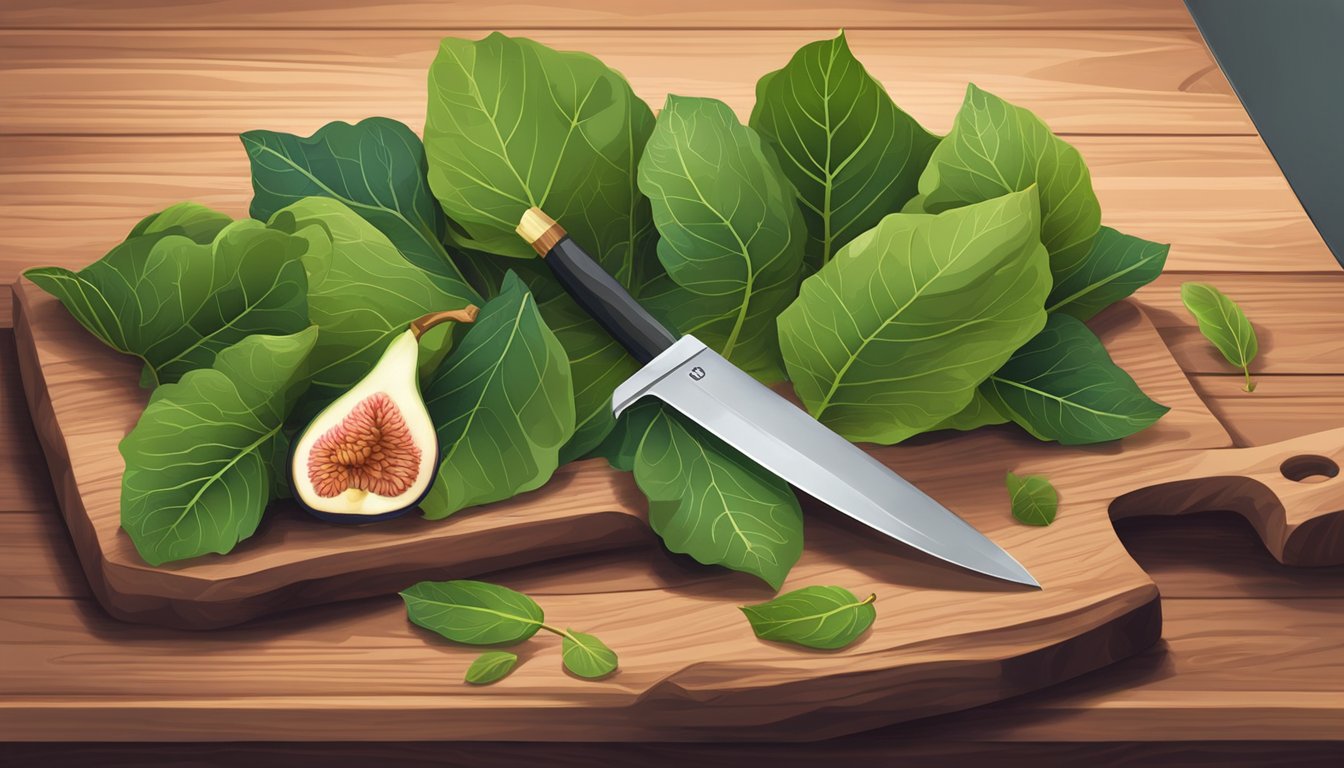 A pile of fresh fig leaves arranged on a wooden cutting board, with a knife and a measuring scale nearby