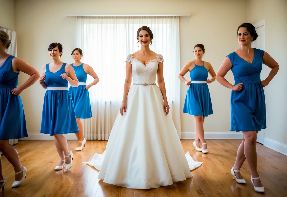 A bride stands in a well-lit room, wearing a white gown, surrounded by bridesmaids in casual attire. They appear to be practicing their movements for the upcoming wedding ceremony