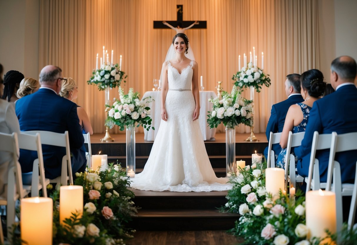 A bride in a white dress stands at the altar during a wedding rehearsal, surrounded by flowers and candles