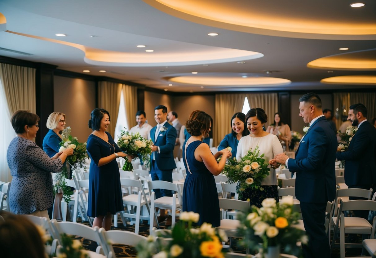 A group of people gathered in a decorated venue, arranging flowers and setting up chairs for a wedding rehearsal