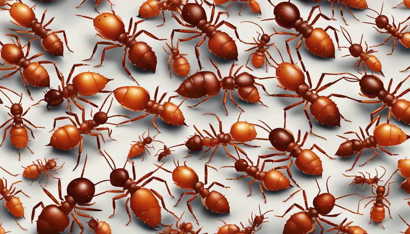 A close-up of fire ants crawling on the ground, with their distinctive red bodies and pincers clearly visible